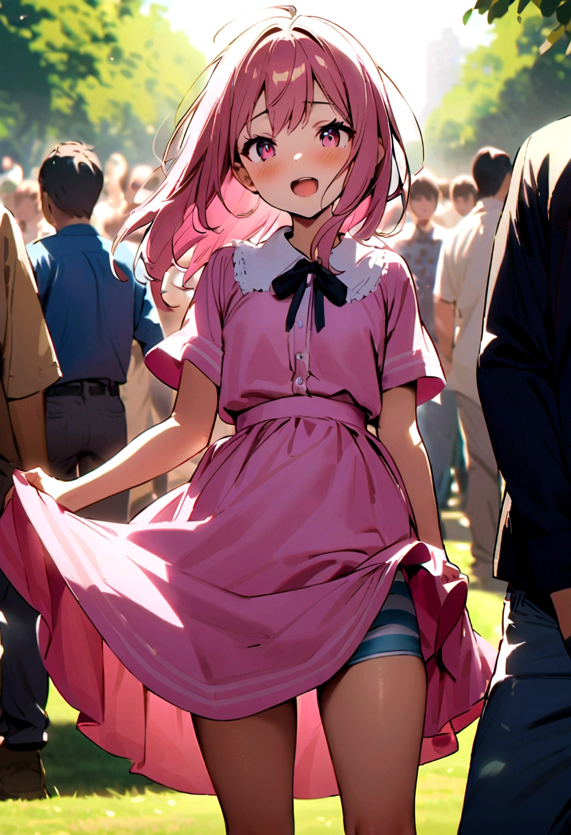 、Pink dress、Skirt Lift、Striped underwear、Men masturbating their dicks、Crowds in the park