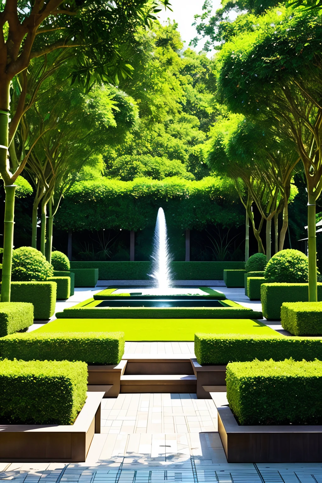 Refine the description of the image:
Witness a pulsating urban square, meticulously designed as a tranquil sanctuary nestled within the bustling city core. This square showcases a lavish water fountain, adorned with intricate details and surrounded by lush, vibrant greenery, including flowering vines that drape overhead canopies. Interspersed among the verdant foliage are contemporary, eco-friendly seating areas crafted from sustainable bamboo.
The square's perimeter is demarcated by elegant cobblestone pathways, which guide visitors towards captivating digital art installations, symbolizing the harmonious blend of nature