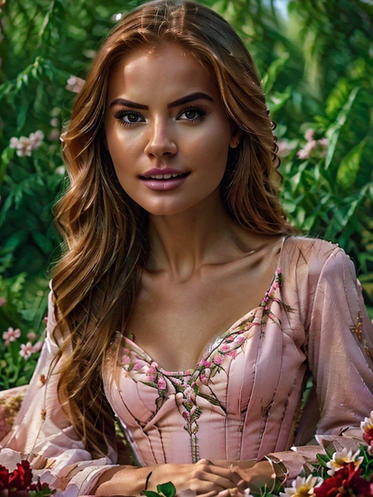 Generate an extremely photorealistic image of a gorgeous professional female Instagram influencer model with long reddish-blonde hair, captivating eyes, sitting in a lush garden, surrounded by blooming flowers, wearing a flowy dress, and looking serene. The scene should feature lifelike textures and details, with the soft lighting of the afternoon sun illuminating her serene expression and the vibrant, blooming flowers. Keywords: 64K, photorealistic, UHD, hyper-detailed, HDR, professional photography, realistic rendering, lifelike, serene, blooming flowers.
Keywords: Photorealistic, Cinematic, full-body portrait, gorgeous professional female Instagram influencer model, long reddish-blonde hair, captivating eyes, meticulously rendered, textures, realistic lighting and shadows, cinematic composition, lifelike, immersive, beauty.