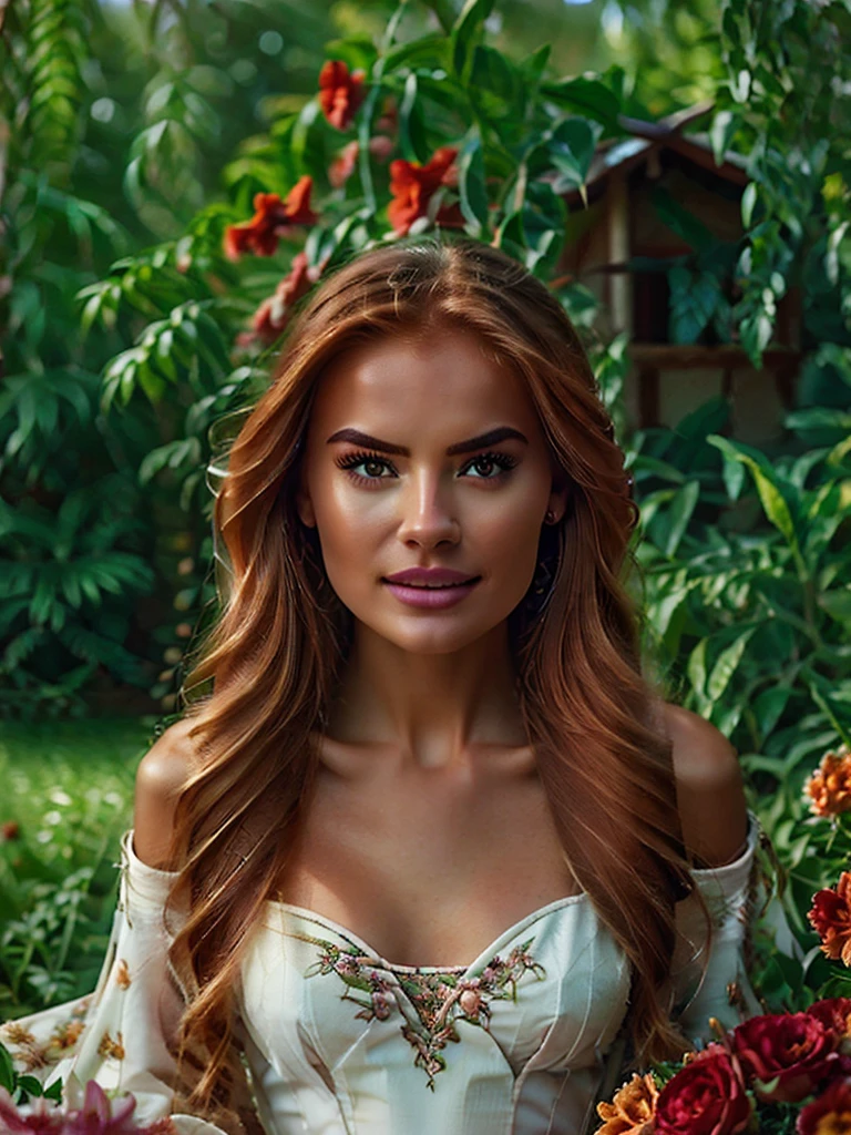 Generate an extremely photorealistic image of a gorgeous professional female Instagram influencer model with long reddish-blonde hair, captivating eyes, sitting in a lush garden, surrounded by blooming flowers, wearing a flowy dress, and looking serene. The scene should feature lifelike textures and details, with the soft lighting of the afternoon sun illuminating her serene expression and the vibrant, blooming flowers. Keywords: 64K, photorealistic, UHD, hyper-detailed, HDR, professional photography, realistic rendering, lifelike, serene, blooming flowers.
Keywords: Photorealistic, Cinematic, full-body portrait, gorgeous professional female Instagram influencer model, long reddish-blonde hair, captivating eyes, meticulously rendered, textures, realistic lighting and shadows, cinematic composition, lifelike, immersive, beauty.