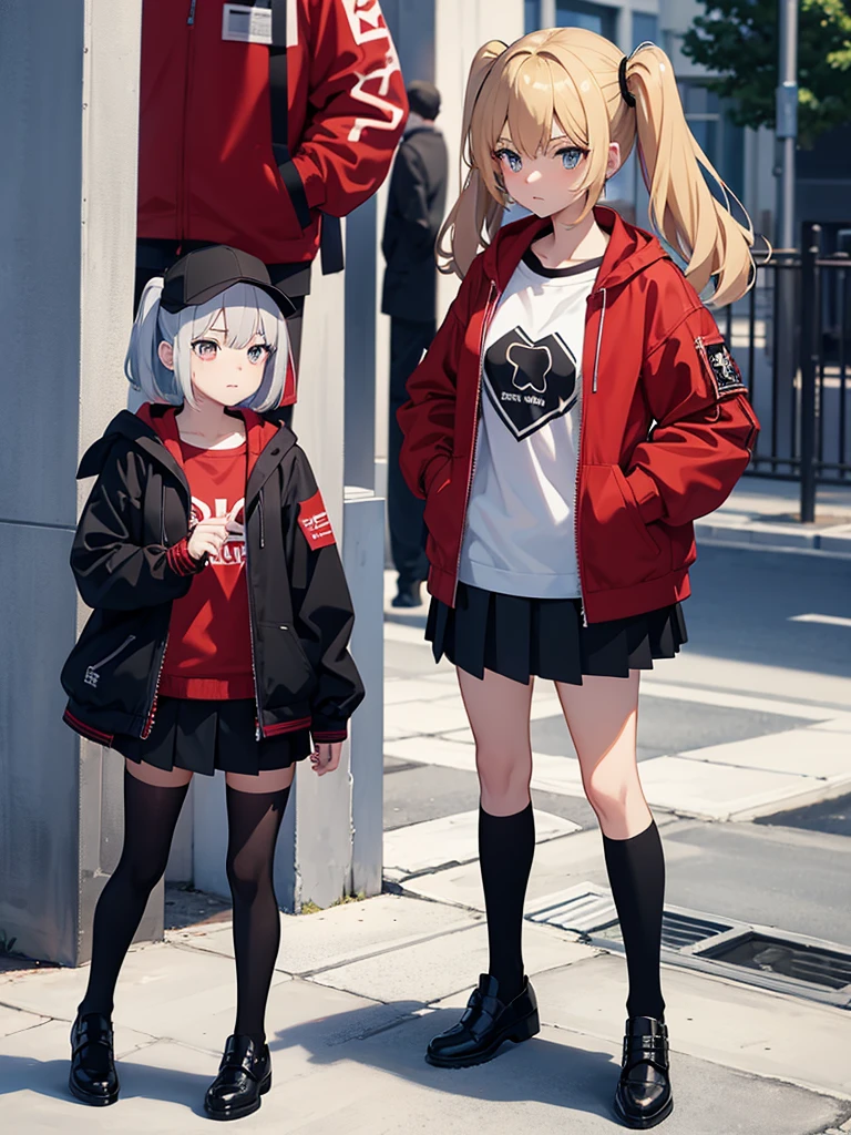 Anime girl, waiting hand, full body, street, embarrased face, agers, black t-shit, red jacket, open jacket, black stocking, black skirt,