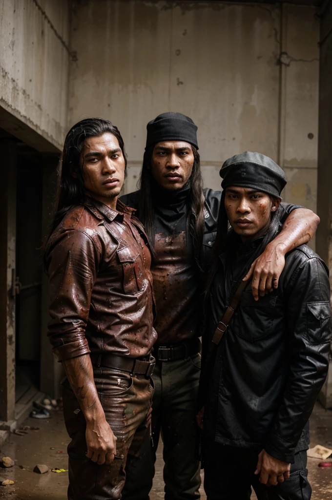 two men are acting like action movie posters
one person claimed to be an actor in the Rambo film, with his whole body covered in blackish red stains and dressed like a military man holding a long-barreled weapon and next to him was an Indonesian man with long hair wearing hip-hop clothes and covered in blackish red mud stains.