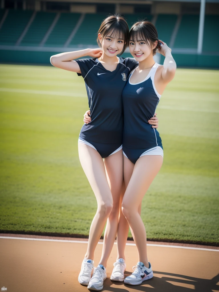 The beauty of 8K raw photos:2.0, short hair, , great face and dark eyes, stare at the camera, A smile full of joy:1.6, show teeth, put hands behind head, dynamic pose, model standing, (white Sportswear:1.2)、navy blue high-leg bloomers,wear sneakers:1.4, realistic:1.9, Very detailed CG synthesis 8k wallpaper, very detailed, High resolution RAW color photos, professional photos, Taken at the stadium, girl sexy portrait