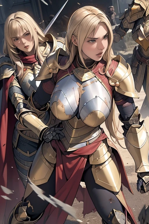 nsfw,Female Paladin, Beautiful Face, Blonde, Big Breasts, Golden Plate Armor, (((Broken Armor:1.4)))、Her chest is half exposed,Red cape with belt,(Torn Cloak:1.2), Large two-handed mace, Soft lighting, Ultra-fine detail, photo Realistic, World of Warcraft, Highest quality,Super detailed,Realistic,(Female Paladin),(((Intense Battle)))),(Dramatic lighting),((((battlefield)))),(Sharp focus),(Paladin&#39;s Determined Look),(Thick armor),(Wielding a weapon),(Forest Background),(Epic clash),(flying debris),(martial arts),(Body movements),(High resolution textures),(Emotionally-charged combat),(Powerful Hit),(Tense atmosphere),(Fierce confrontation),(Action-packed),(Vibrant colors),(Dynamic pose),(Fearlessness),(Heroic Battle),(Muscular physique),(Warrior battle cry),(intense energy),(Paladin&#39;s Victory),(Sweat and Blood),(Hand-to-hand combat),(Paladin Dexterity),((Battle scars:1.11)),(Paladin Battle Cry),(Paladin fighting stance),(Awe-inspiring),(Detailed facial features),(Female Paladin's determination),(((Epic battle scenes:1.3))