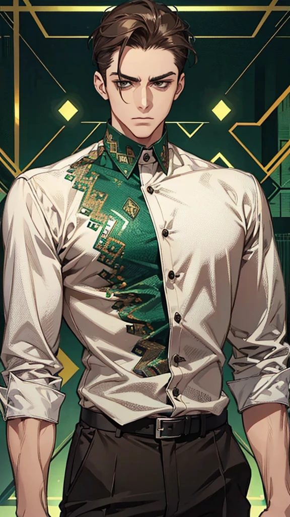 Man, slicked back, short hair, brown hair, tough look, angular face, well-built body, green mosaic patterned shirt