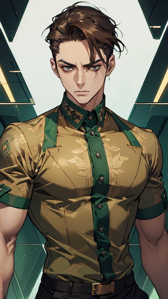 Man, slicked back, short hair, brown hair, tough look, angular face, well-built body, green mosaic patterned shirt