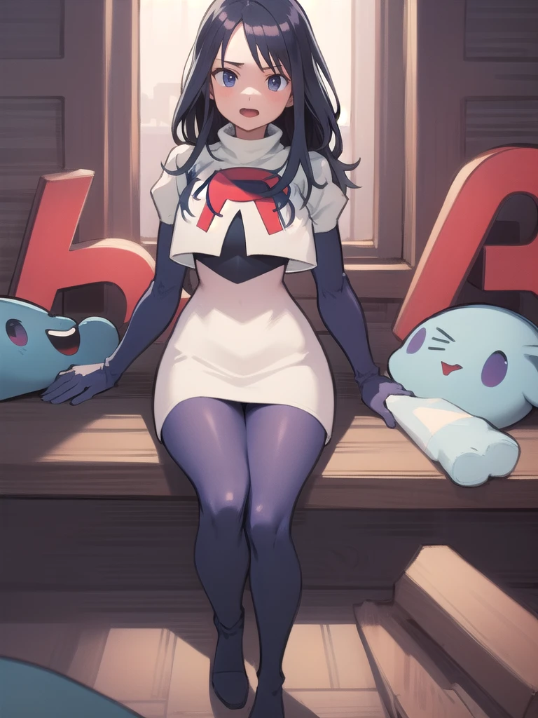 masterpiece, best quality, 1 girl, darkblue hair, long hair, team rocket,team rocket uniform, twitch, slapstick comedy,