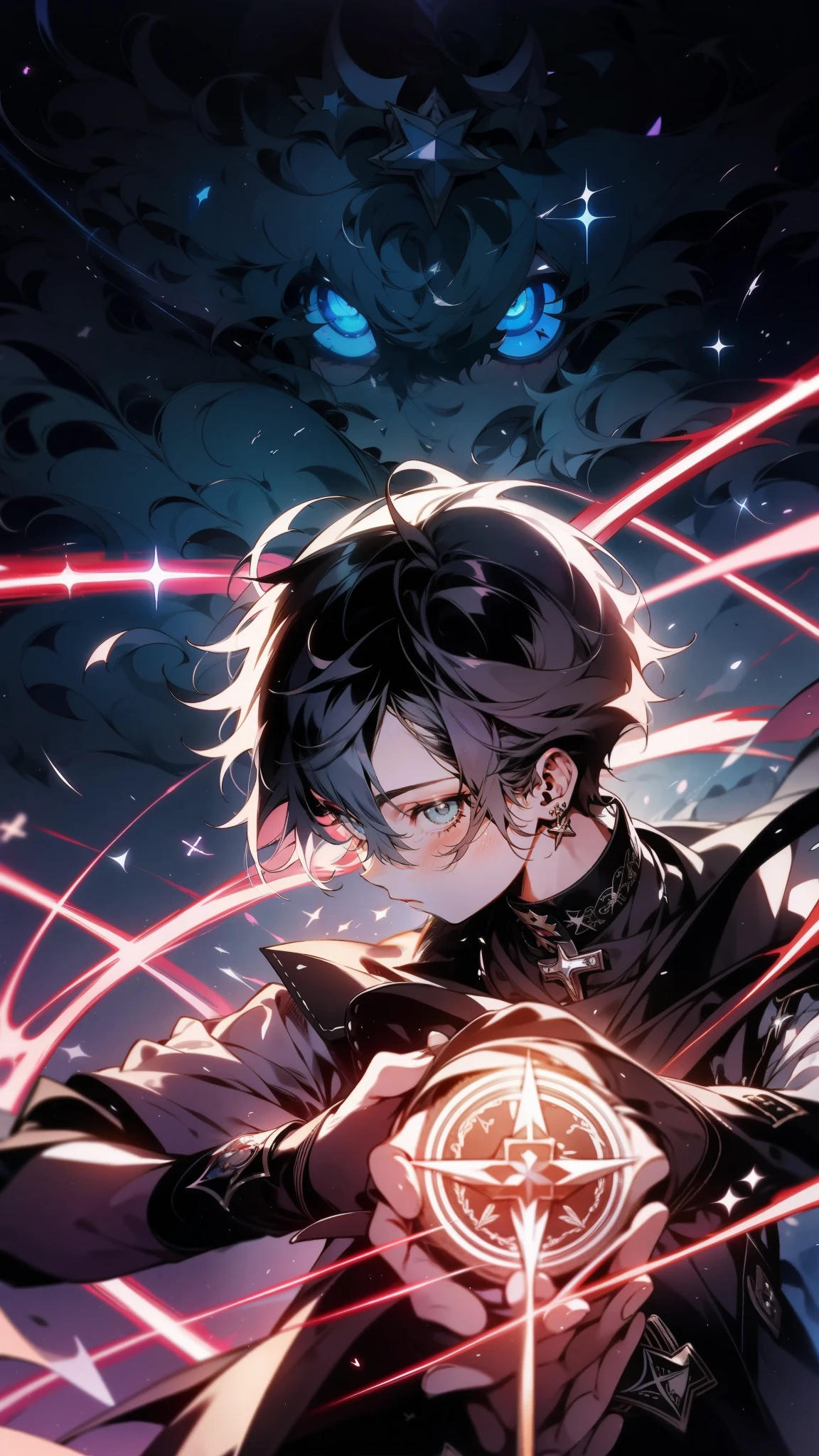 A solitary teen sorcerer in the midst of an abstract action sequence, viewed from the waist up, ((conjuring with a cross emblem)), encircled by luminous dots, dramatic ambiance, crisp detail, abasterpiece)), ((best quality)), ultra detailed,((illustration)), dynamic angle, detailed light, (delicate eyes), (ahoge:0.8),apathy, ray，frontage，style of anime4 k， 4k anime wallpaper， badass anime 8 k， 4 k comic wallpaper