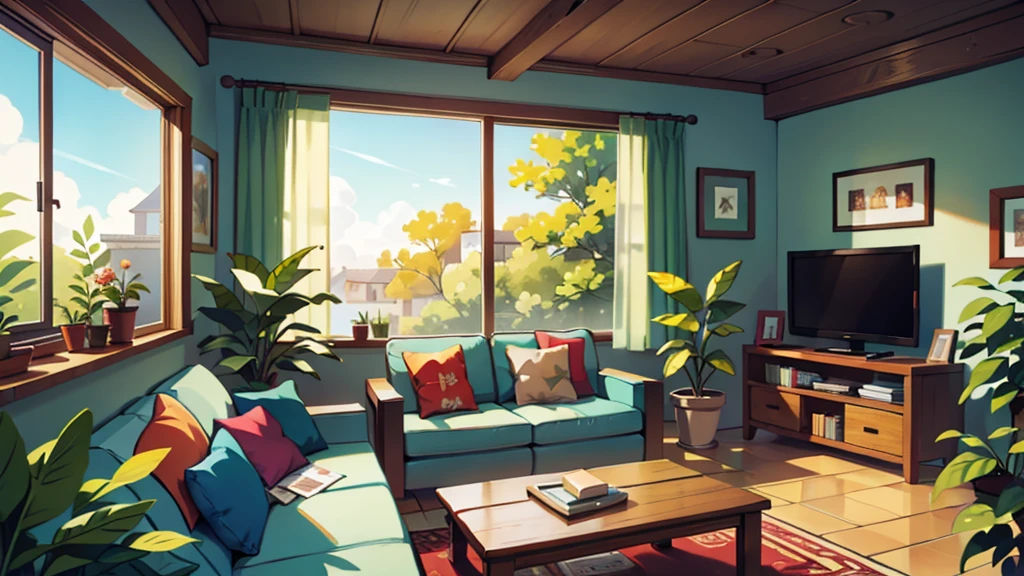 There is a living room, bright sunny, some plants