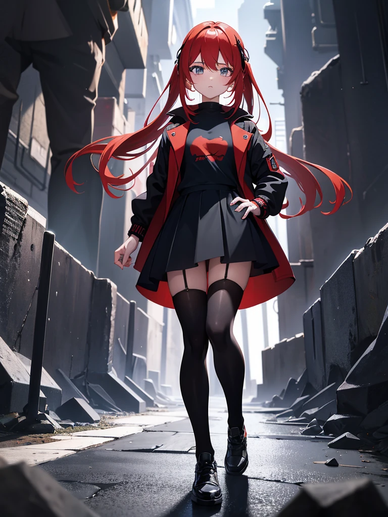Anime girl, waiting hand, full body, cave, embarrased face, Teenagers, black t-shit, red jacket, open jacket, black stocking, black skirt,