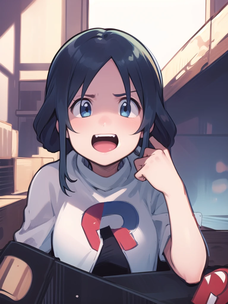 masterpiece, best quality, 1 girl, darkblue hair, long hair, team rocket,team rocket uniform, twitch, slapstick comedy, laugh eyes, laugh open mouth