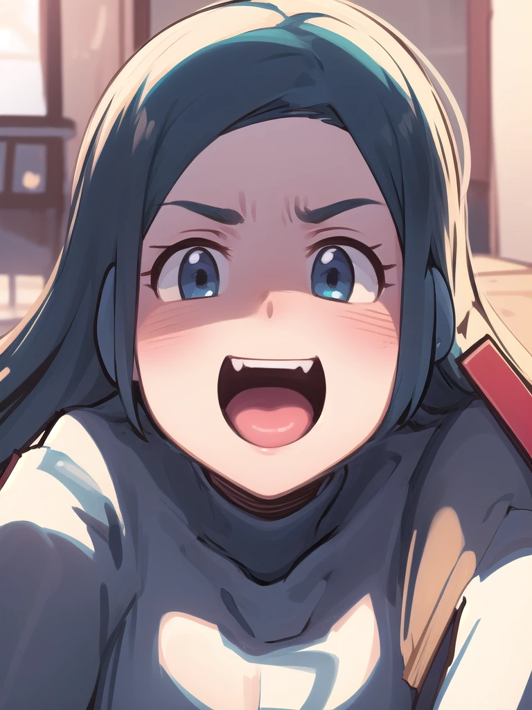 masterpiece, best quality, 1 girl, darkblue hair, long hair, team rocket,team rocket uniform, twitch, slapstick comedy, laugh eyes, laugh open mouth