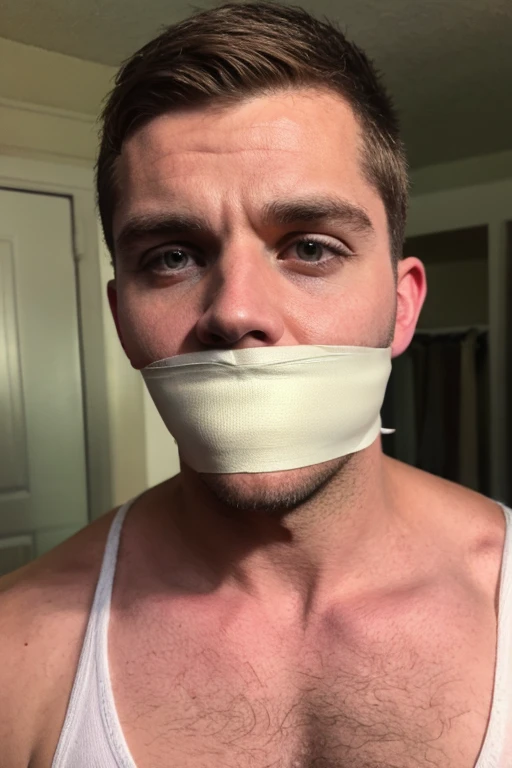 handsome 30s man, slightly fat, stubble, bearded, hairy chest, white tank top, short brown hair, looking at viewer, sad, tape gag, tape wrapped around face, tape wrapped, wrap gag, tightly bound