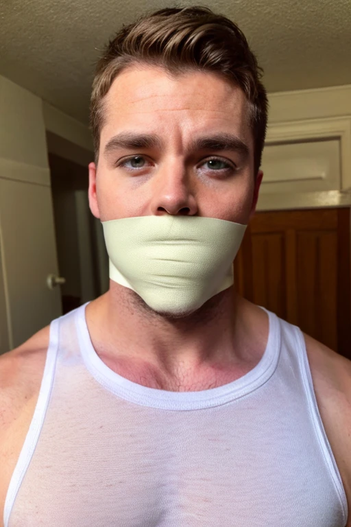 handsome 30s man, slightly fat, stubble, bearded, hairy chest, white tank top, short brown hair, looking at viewer, sad, tape gag, tape wrapped around face, tape wrapped, wrap gag, tightly bound