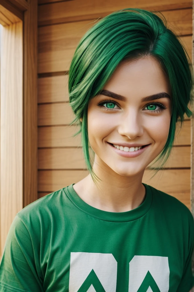 a beautiful green haired woman with beautiful green eyes and a sweet smile, he wears a green t-shirt