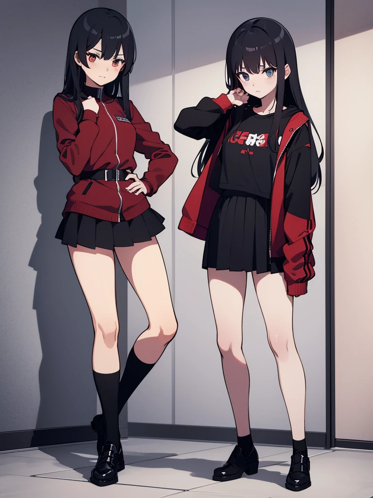 Anime girl, waiting hand, full body, bathroom, embarrased face, Teenagers, black t-shit, red jacket, open jacket, black stocking, black skirt, 
