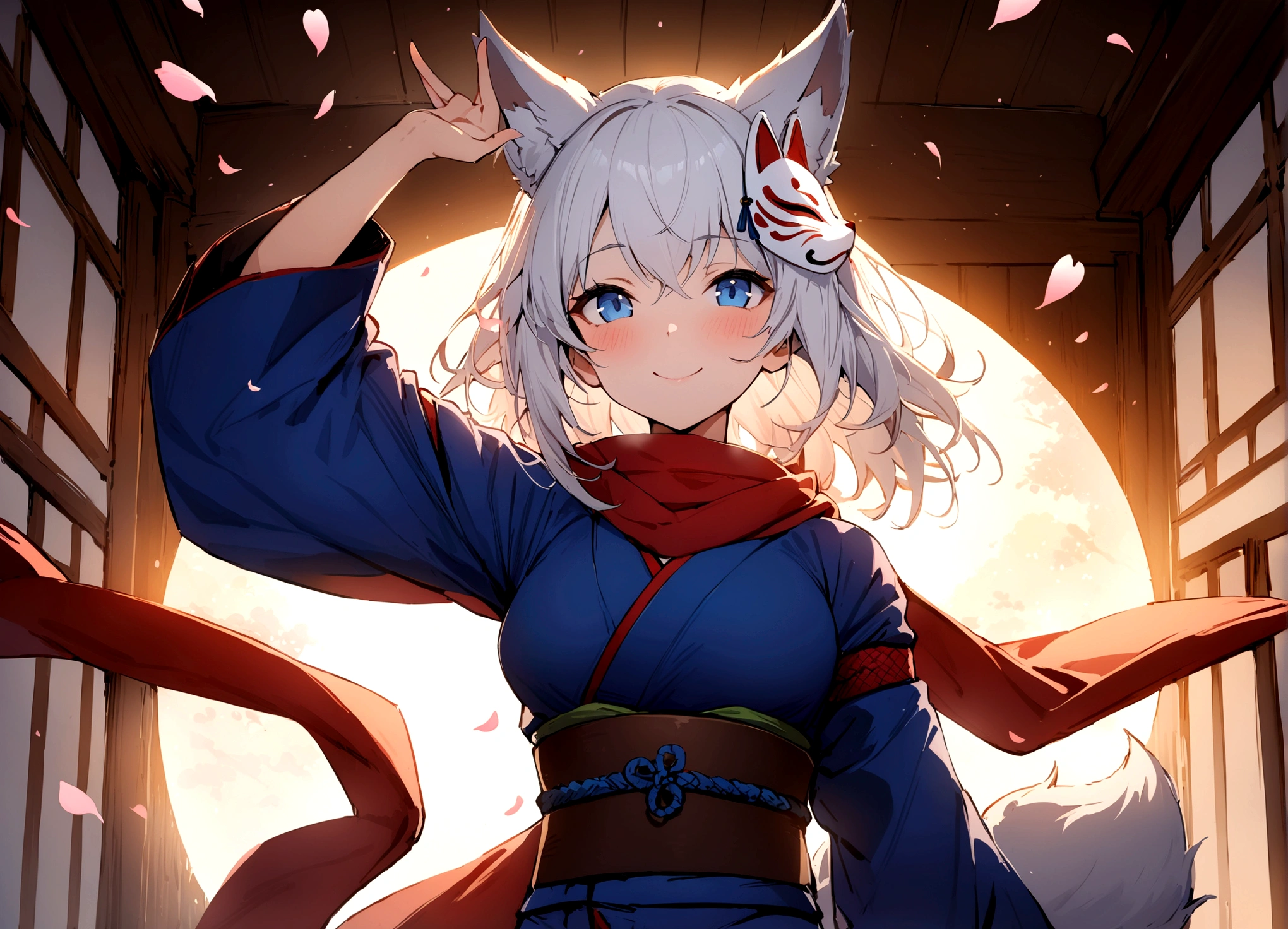 (masterpiece, best quality:1.2), 1girl, solo,Wolf girl, fox mask, ninja, girl, long white hair, odd eyes, blue kimono, ninja girl, red and blue scarf,Dancing Cherry Blossoms,Full moon backlighting, light coming in, fantastic atmosphere.smile