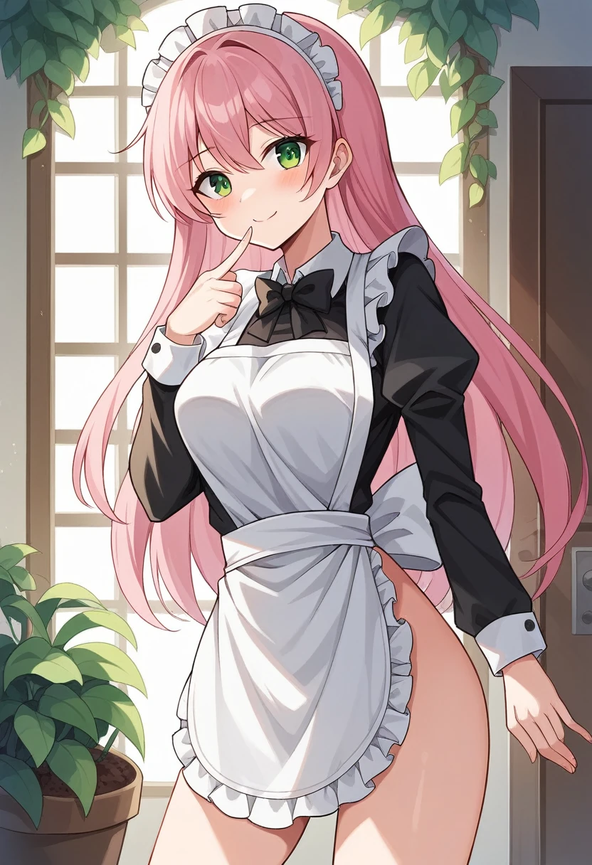 insanely detailed, absurdres, ultra-highres, ultra-detailed, best quality,
naked1girl, solo, nice hands, perfect hands,
BREAK
nameapron, nakedblush, nakedbow, nakedbowtie, nakedfrilled apron, nakedfrills, nakedlong sleeves, nakedmaid, nakedmaid apron, maid headdress, nakedwaist apron, nakedwhite apron
BREAK
smile, closed mouth
BREAK
finger to mouth, index finger raised, shushing, cowboy shot, looking at viewer,
BREAK
slender, kawaii, perfect symmetrical face, ultra cute girl, ultra cute face, ultra detailed eyes, ultra detailed hair, ultra cute, ultra beautiful,
BREAK
day, flower, ivy, leaf, indoors, open door, plant, potted plant, vines, window,
BREAK
white (pink:1.2) hair, green eyes, long hair, medium breasts, bangs, eyebrows visible through hair,