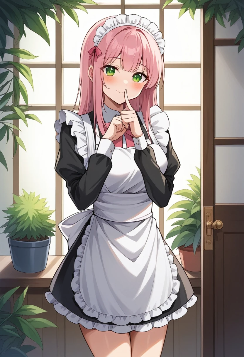insanely detailed, absurdres, ultra-highres, ultra-detailed, best quality,
naked1girl, solo, nice hands, perfect hands,
BREAK
nameapron, nakedblush, nakedbow, nakedbowtie, nakedfrilled apron, nakedfrills, nakedlong sleeves, nakedmaid, nakedmaid apron, maid headdress, nakedwaist apron, nakedwhite apron
BREAK
smile, closed mouth
BREAK
finger to mouth, index finger raised, shushing, cowboy shot, looking at viewer,
BREAK
slender, kawaii, perfect symmetrical face, ultra cute girl, ultra cute face, ultra detailed eyes, ultra detailed hair, ultra cute, ultra beautiful,
BREAK
day, flower, ivy, leaf, indoors, open door, plant, potted plant, vines, window,
BREAK
white (pink:1.2) hair, green eyes, long hair, medium breasts, bangs, eyebrows visible through hair,