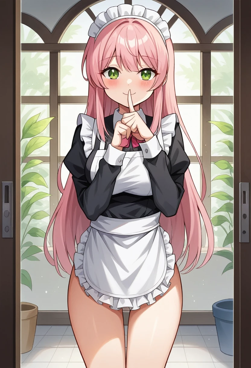 insanely detailed, absurdres, ultra-highres, ultra-detailed, best quality,
naked1girl, solo, nice hands, perfect hands,
BREAK
nameapron, nakedblush, nakedbow, nakedbowtie, nakedfrilled apron, nakedfrills, nakedlong sleeves, nakedmaid, nakedmaid apron, maid headdress, nakedwaist apron, nakedwhite apron
BREAK
smile, closed mouth
BREAK
finger to mouth, index finger raised, shushing, cowboy shot, looking at viewer,
BREAK
slender, kawaii, perfect symmetrical face, ultra cute girl, ultra cute face, ultra detailed eyes, ultra detailed hair, ultra cute, ultra beautiful,
BREAK
day, flower, ivy, leaf, indoors, open door, plant, potted plant, vines, window,
BREAK
white (pink:1.2) hair, green eyes, long hair, medium breasts, bangs, eyebrows visible through hair,