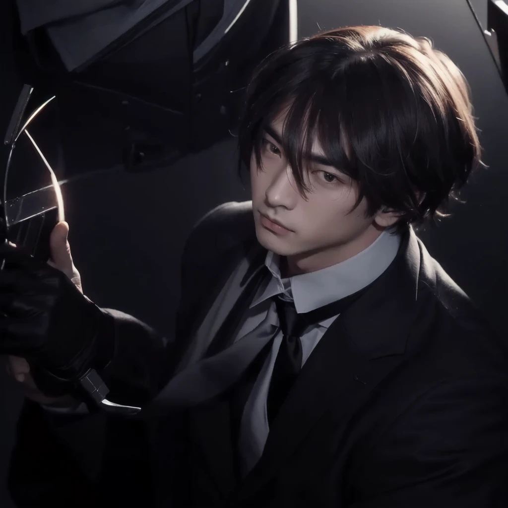 a man in a suit and tie with red eyes holding a knife