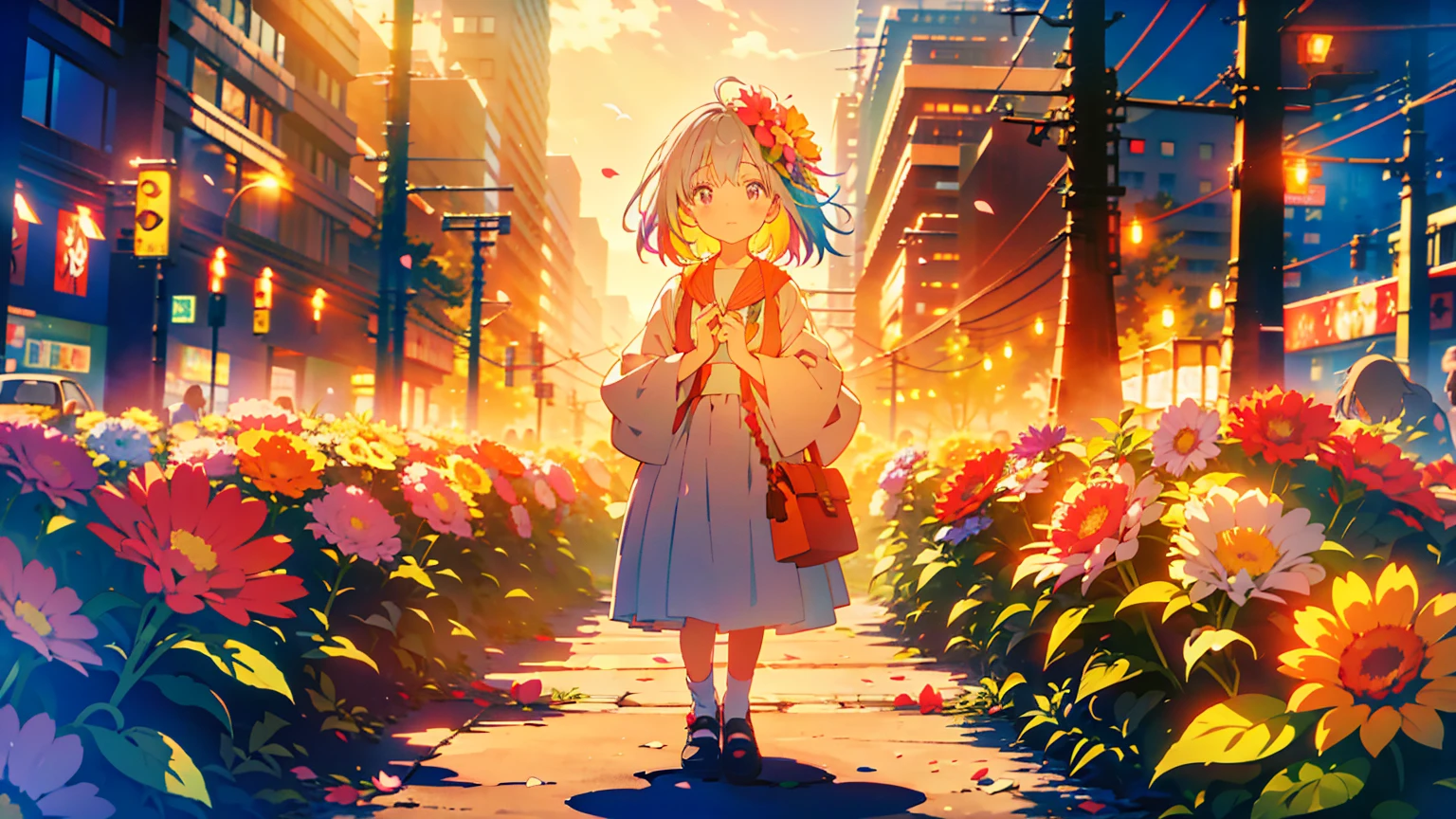 A vibrant flower blooms on the dirty ground of a large gray avenue. A crowd of gray, soulless people crosses the streets. A colorful , glowing with bright hues, stands protectively over the flower, protecting it with her little hands and determined eyes. Sunlight breaks through the dark clouds. Studio Ghibli style