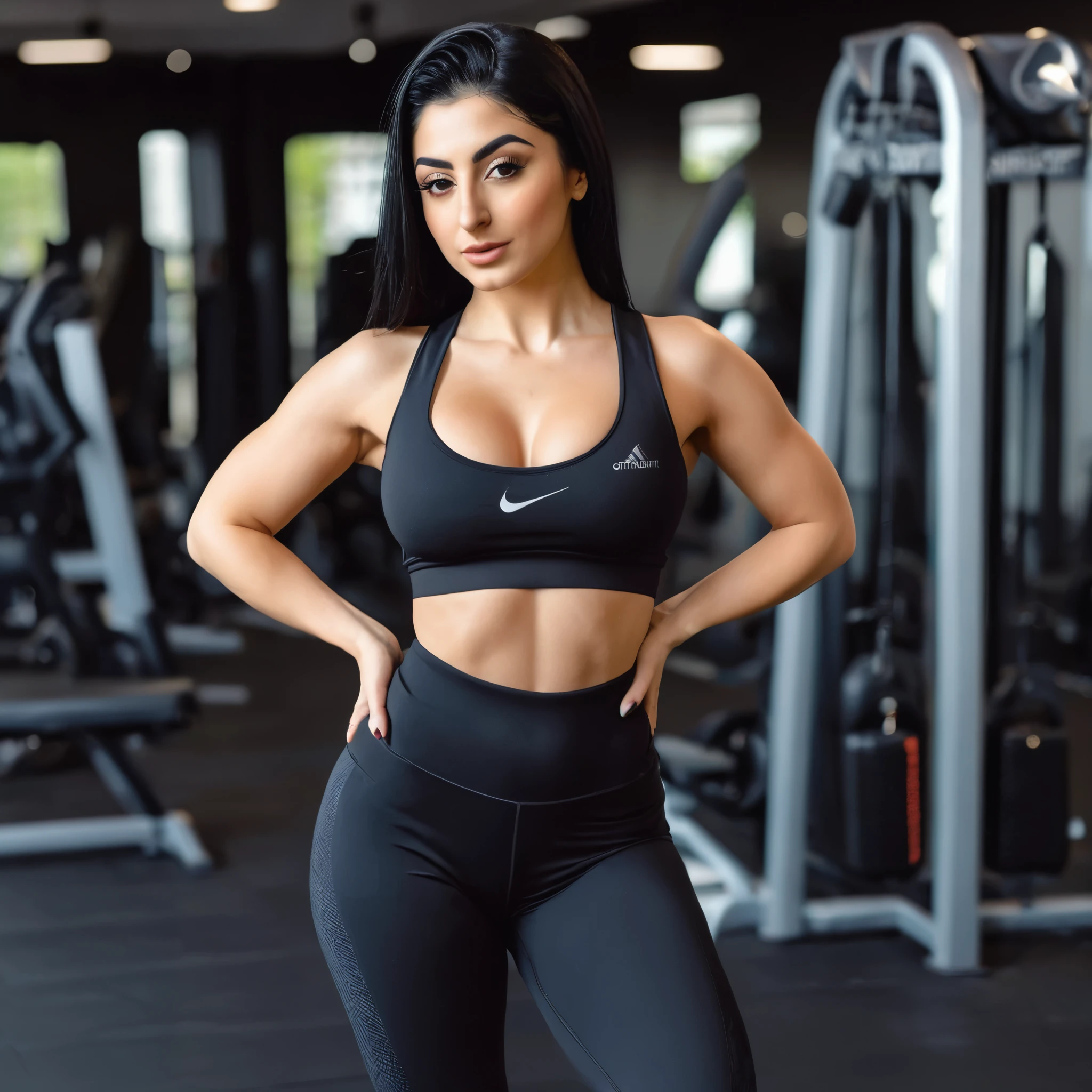 1 girl, a 24 year old Armenian woman, wearing seductive gym clothes, thin, small bust, black hair, emphasis on booty, showing off her glutes