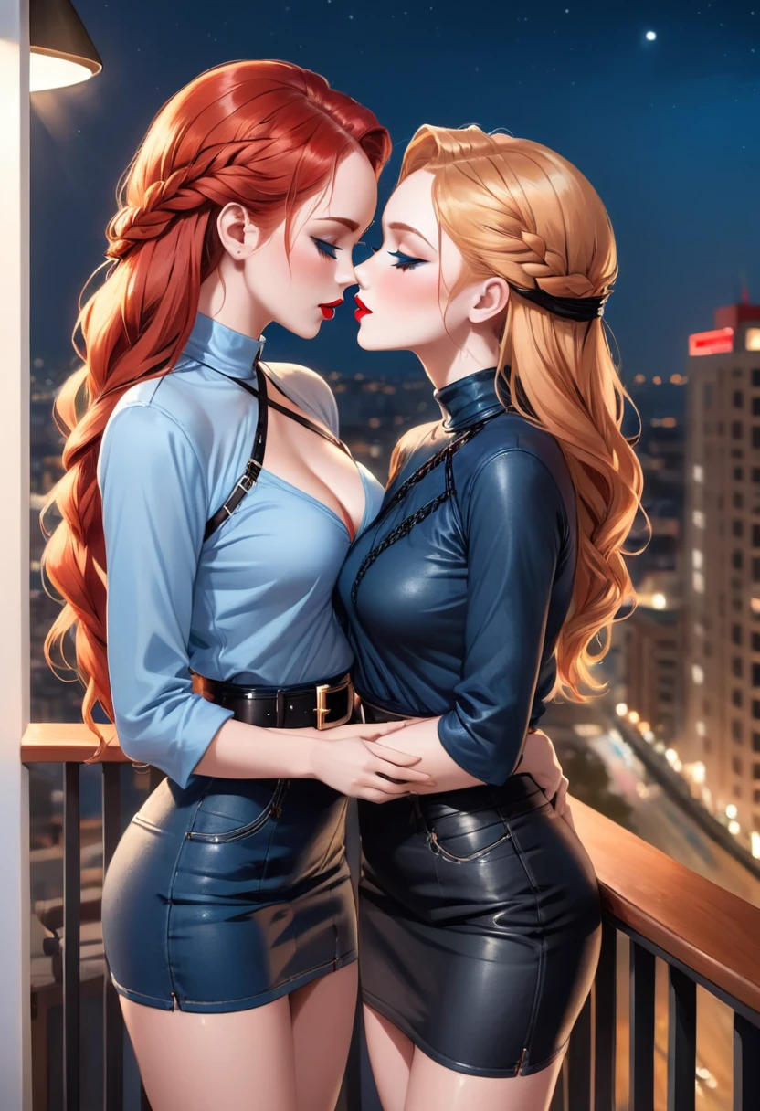 Two beautiful women with long braided red hair and mid wavy blond hair, respectivetly, with blue eyes wearing a Blue Tight Jeans Skirt With Black Leather Belt, a Sexy Criss Cross Mock Neck Mid Sleeves Blouse, ((luxurious jewelry)), standing in a balcony at night, hugging closely and kissing each other (white skin), (red lipstick), (elegant mascara), (muscular body with abs), (small breasts) midjourney, <lora:GoodHands-, <lora:GoodLegs-, UHD, high resolution, (masterpiece:1.1, best quality), (expressive eyes, perfect face, full body, expressive face, perfect body, athletic, fit, slim body, blushing, Perfect makeup, eyeliner, beautiful eyelashes, smiling, horny face), ((Red dress)), ((Black dress)), ((Tight dress)), ((best illumination, best shadows)), ((lesbian kiss)), ((grabbing each other's ass))