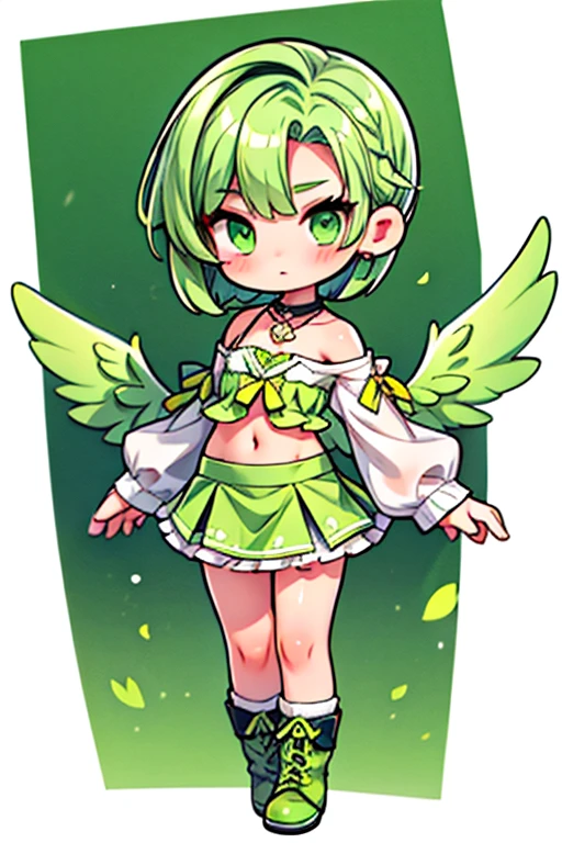 20 year old girl, Angel Girl, Light green wings, chica sexy, green hair, short hair, wide hair, 2 strands of hair on the sides of the face, green eyes, short skirt, green skirt, Small strapless blouse, Short blouse up to the abdomen, Blouse sin Olanes, Green long sleeves, Blouse that shows the shoulders, Sin Collar, Shows the navel, green boots, View from above.