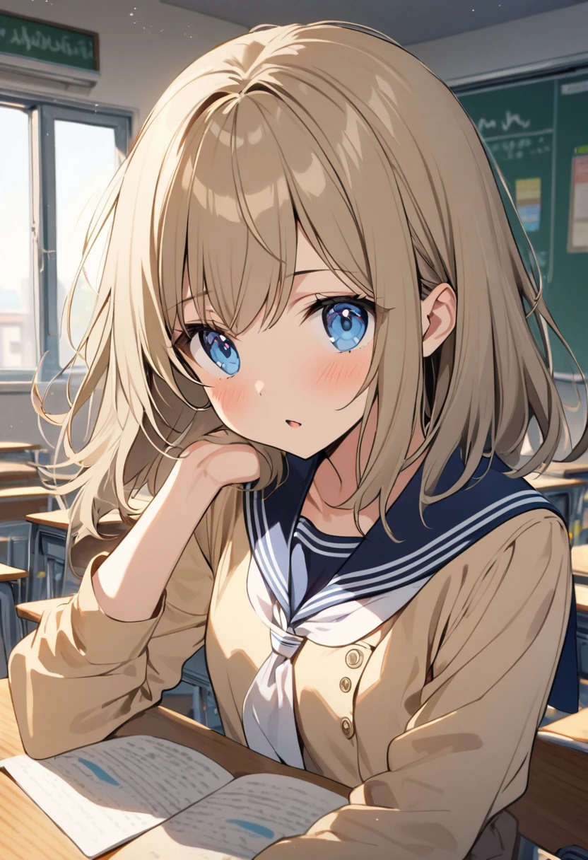 1girl 15 years old,light brown color and medium length hair,blue eyes,serafuku,classroom