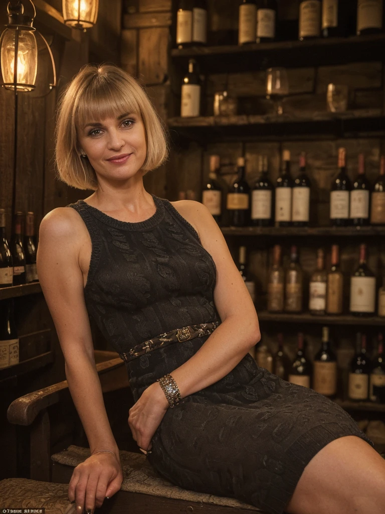 1girl, photorealistic, realistic, ((long shot)), (ugly:1.8), ((mature woman, mature, slightly slim, 45 year old woman, 45 years old, 45-year-old body, 45-year-old face)), (Polish woman, Polish eyes, Polish nose, Polish face, Polish lips, Polish skin, Polish features), ((straight short hair with bangs, blonde hair, blonde)), (blonde hair, short hair, bob cut, bangs), ((hazel-colored eyes)), (((In the heart of a dimly lit cellar, where the air was thick with the aroma of aged oak and the promise of vintage flavors, she perched seductively on a plush velvet chair amidst rows of meticulously arranged wine bottles. The cellar walls, adorned with aged wooden racks and soft lighting that danced over polished surfaces, created an ambiance that spoke of refinement and history.))), (((she is wearing a color black knitted tube dress. Featuring Fendi print; body fit; with high slit))), she is looking at the camera smiling, (((dynamic pose)))
