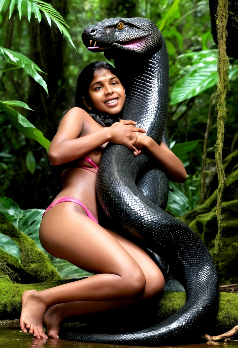 Topless pink thong wearing aroused horny beautiful happy young Indian girl vs Giant colossal black anaconda monster wrapped around her body squeezing her in coiled embrace cuddling and kissing sexual erotic bestiality sex realistic in the rainforest full body, best quality wet top quality perfect body