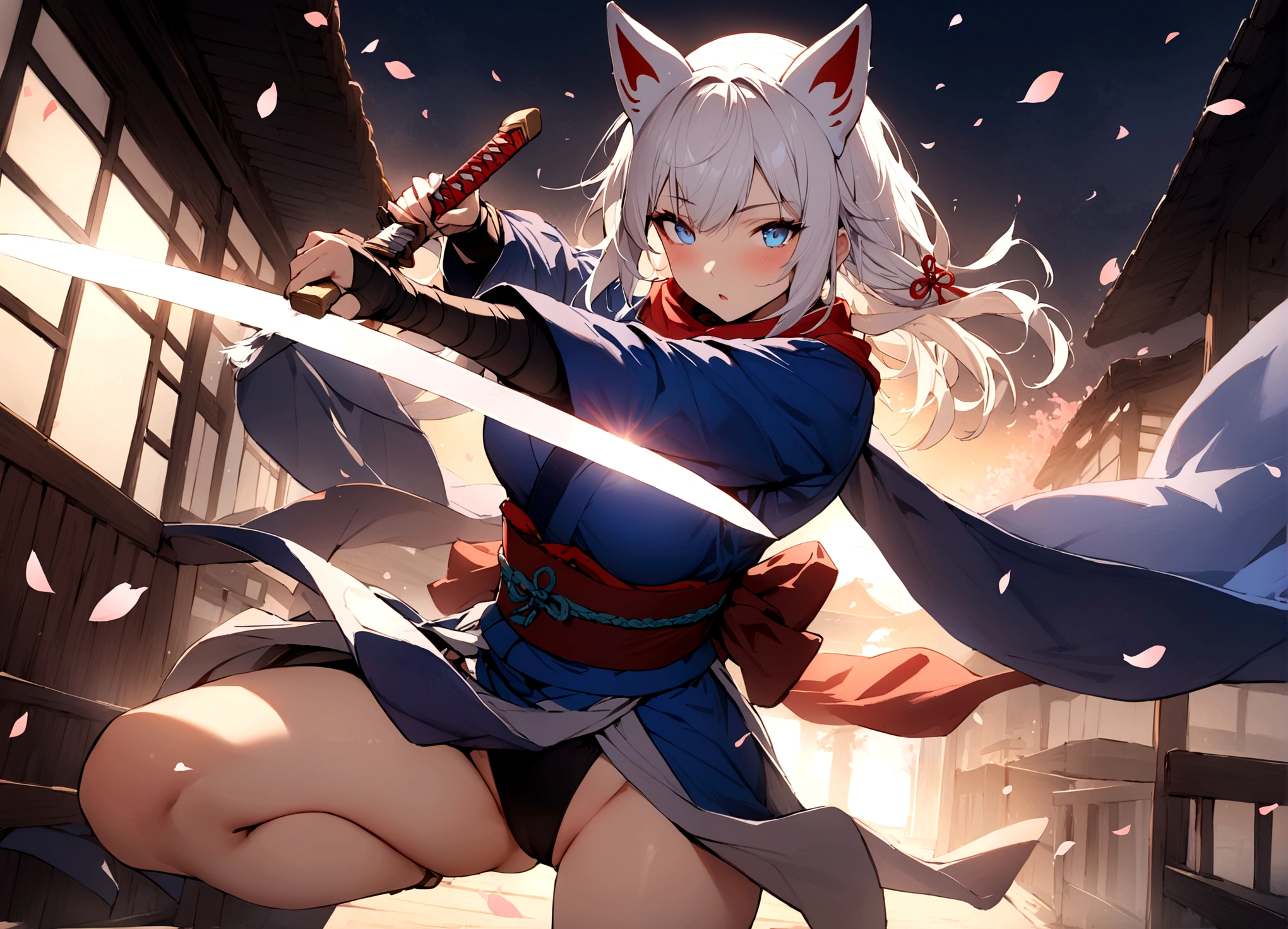 (masterpiece, best quality:1.2), 1girl, 独奏,Wolf girl, fox mask, ninja, girl, long white hair, odd eyes, blue kimono, ninja girl, red and blue scarf,Dancing Cherry Blossoms,Full moon backlighting, light coming in, fantastic atmosphere. Holding a small sword、Cutting action