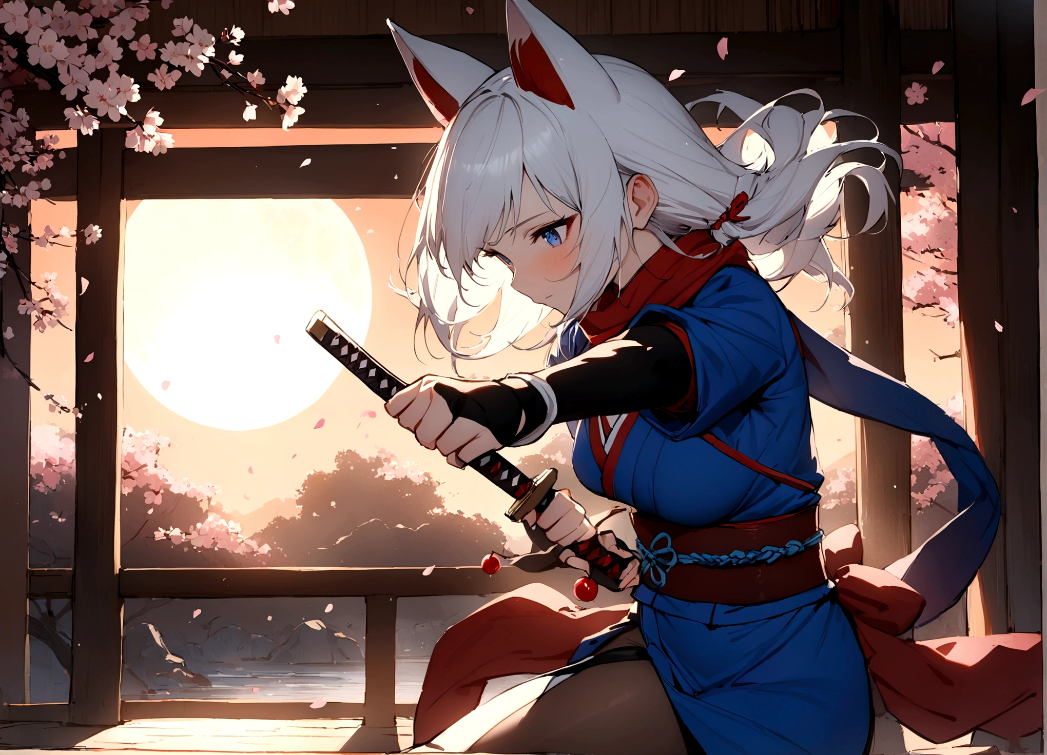 (masterpiece, best quality:1.2), 1girl, 独奏,Wolf girl, fox mask, ninja, girl, long white hair, odd eyes, blue kimono, ninja girl, red and blue scarf,Dancing Cherry Blossoms,Full moon backlighting, light coming in, fantastic atmosphere. Holding a small sword、Cutting action