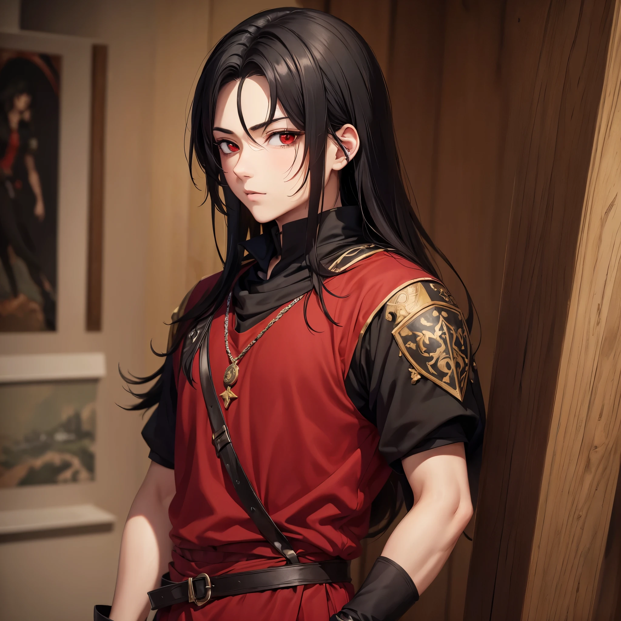 (Masterpiece artwork, best qualityer: 1.2) Anime boy, black hair , red eyes , medieval clothes