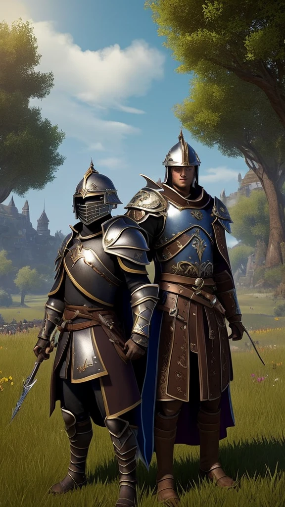 
**Image Description:**
The image shows two players of "Albion Online" who love each other deeply. Both are men and are dressed in detailed armor typical of the game., that reflect his affinity for adventure and combat. (Using art in the style of the online game albion)

One of the players is wearing dark brown leather armor, with gold details and a cape that flutters gently in the wind. He has dark hair, short and messy, and a well-groomed beard. His eyes shine with a mixture of joy and love as he looks at his companion..

The other player is dressed in silver plate armor, with blue details and a sword hanging at his waist. He has short blonde hair, with a serene and happy expression. He has a helmet under his arm and his other hand is outstretched., intertwined with her partner&#39;s hand.

They are both standing in a typical Albion Online landscape, with green meadows and a clear sky. In the distance, you can see a medieval castle and some scattered trees. The two players look into each other&#39;s eyes lovingly., with a slight smile on their faces, showing their love and camaraderie One character is called wish and another Machik must show their names above their head pretending to be players of a video game 