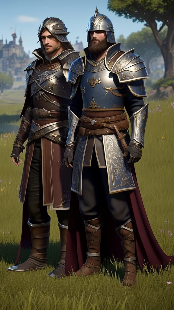**Image Description:**
The image shows two players of "Albion Online" who love each other deeply. Both are men and are dressed in detailed armor typical of the game., that reflect his affinity for adventure and combat. (Using art in the style of the online game albion)
One of the players is wearing dark brown leather armor, with gold details and a cape that flutters gently in the wind. He has dark hair, short and messy, and a well-groomed beard. His eyes shine with a mixture of joy and love as he looks at his companion..
The other player is dressed in silver plate armor, with blue details and a sword hanging at his waist. He has short blonde hair, with a serene and happy expression. He has a helmet under his arm and his other hand is outstretched., intertwined with her partner's hand.
They are both standing in a typical Albion Online landscape, with green meadows and a clear sky. In the distance, you can see a medieval castle and some scattered trees. The two players look into each other's eyes lovingly., with a slight smile on their faces, showing their love and camaraderie One character is called wish and another Machik must show their names above their head pretending to be players of a video game