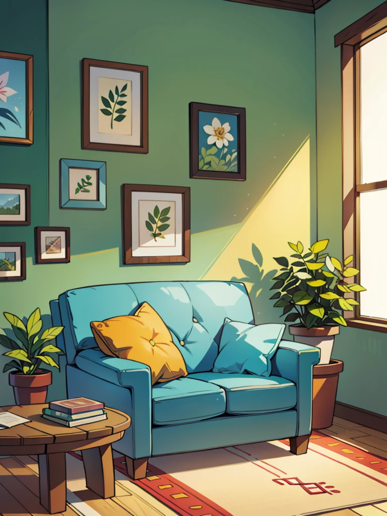 There is a living room, bright sunny, some plants
