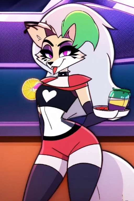 best quality, roxanne fusion with loona and queen bee, solo, furry female, body fur, makeup, sexy clothes, super detailed, high detail eyes, perfect proportion, hypnotized with completely spyral glowing purple eyes with no irises or pupils, tongue out, carrying a tray with limonade, full body image