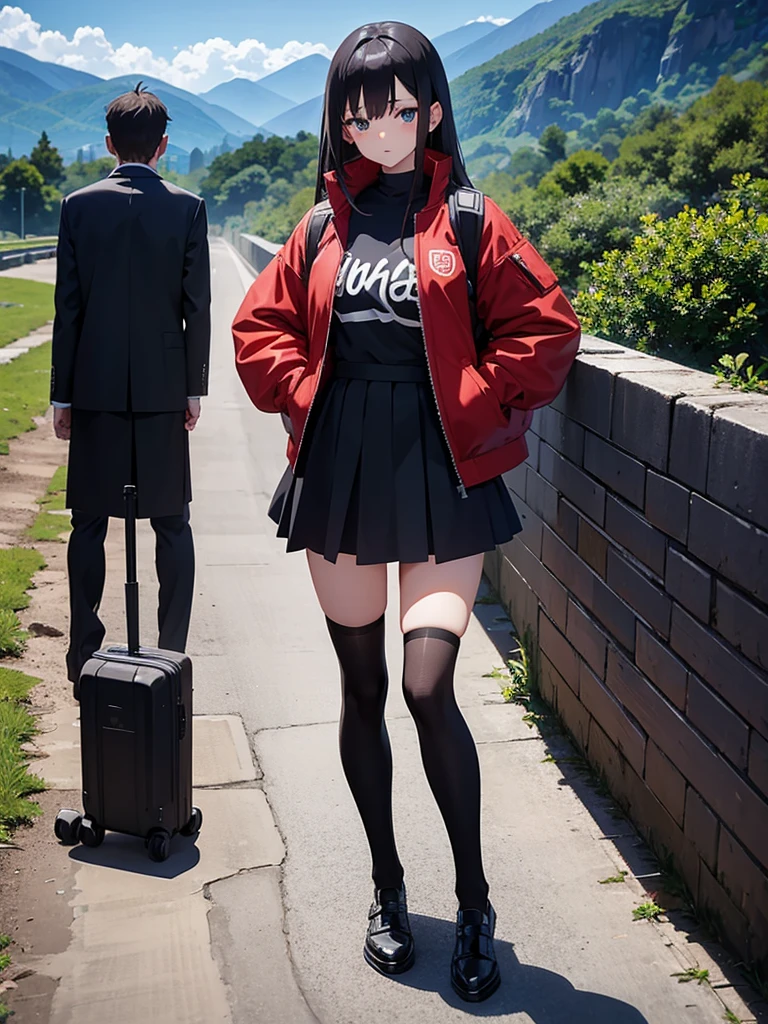 Anime girl, waiting hand, full body, mountain, embarrased face, Teenagers, black t-shit, red jacket, open jacket, black stocking, black skirt, 