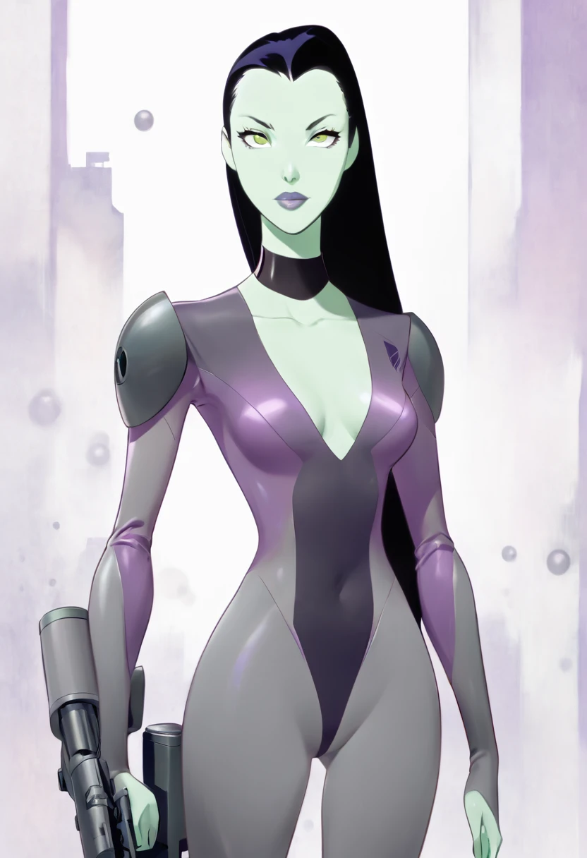 cartoon thin woman, long neck, long black hair, pale green skin, wearing a v-neck collar purple sci-fi body suit .. she is armed with an arm cannon, on her suit by her waist are some small gray circles 