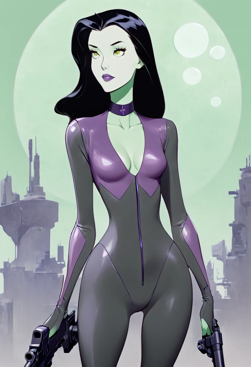 cartoon thin woman, long neck, long black hair, pale green skin, wearing a v-neck collar purple sci-fi body suit .. she is armed with an arm cannon, on her suit by her waist are some small gray circles 