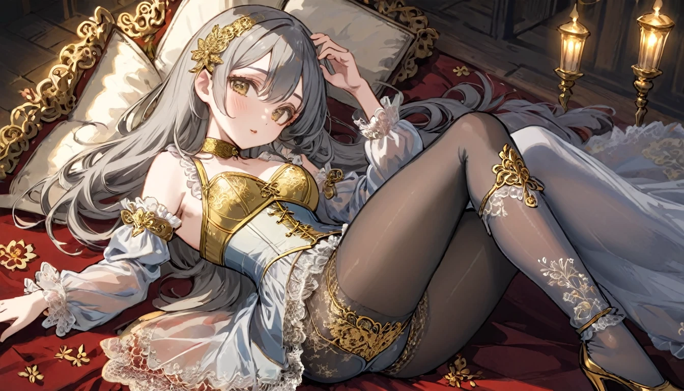 Medieval1People Girls、 Gold and silver embroidery、In underwear、Knee-length semi-transparent bloomers(With gold and silver lace)Wearing、Wearing a semi-transparent corset、 Grey translucent tights、Lying down