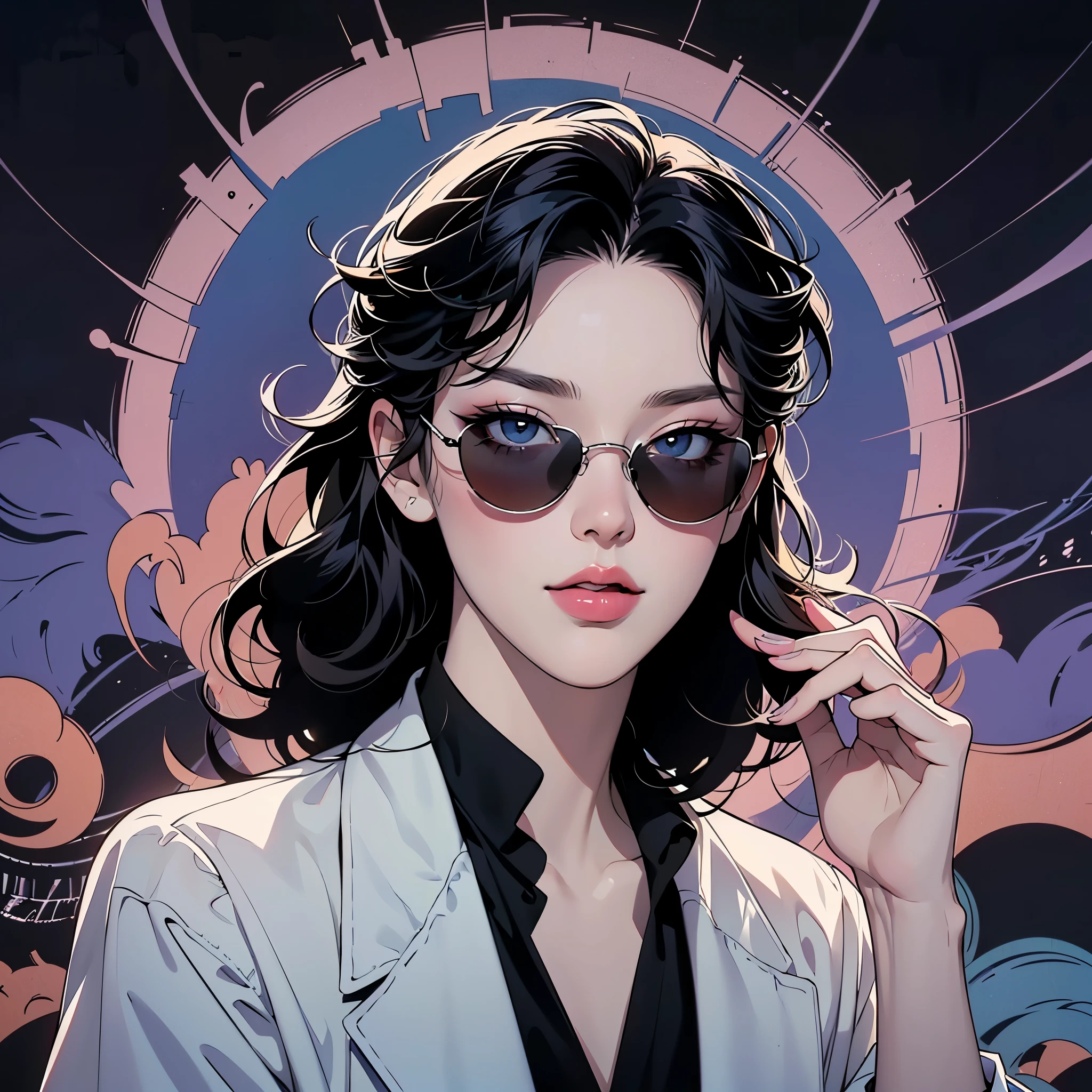 ((Art style by Patrick Nagel)), ((8k, wallpaper, detailed)), dark sunglasses, korean popstar, short black hair, pretty hands, fringe, simple red background, palm trees, (graffiti wall:1.2), strong, courageous, art by Patrick Nagel