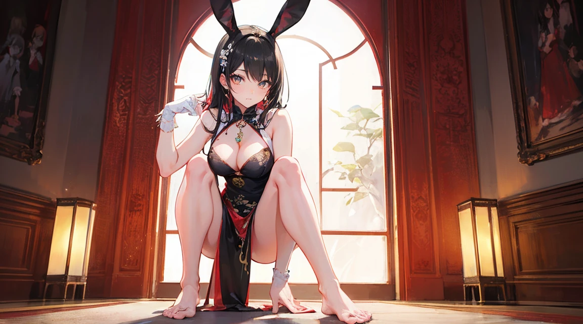 (((best quality))), ((ultra-detailed)), ((an extremely delicate and beautiful)), ((16k)), realistic, hd, cgi, gleaming hair, gleaming skin, gleaming dress, Character focus, solo, demanding pose, strong light coming in, sharp focus, illustration, game cg, anime, solo, curvy, (big breasts:1.3), forehead, ( white bright yellow lining Chinese Lace Up Cheongsam Open Chest Bodycon Dress High Slit Qipao mini), faste collarbone, (belly:0.9), standing, leaning forward, looking at the viewer, ocean, flower hair ornament, accessories, backlighting, shiny skin, shiny body, chibi, gloves, necklace, jewellery, black-brown hair, bead necklace, red faded into black colored hair, brown eyes, long hair, black bunny ears, yellow ombre hair, yellow-black hair, more yellow hair streaks, smaller dress, bare feet stretching at viewer, toes out at viewer, stepping on viewer, mommy goddess, hands towards viewer elegant