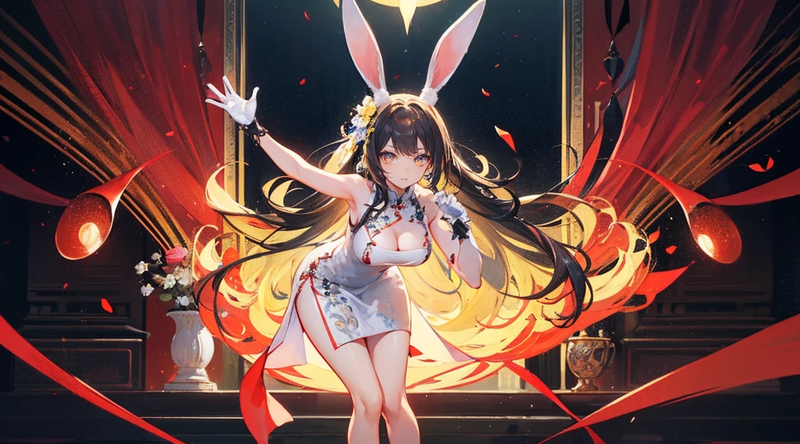 (((best quality))), ((ultra-detailed)), ((an extremely delicate and beautiful)), ((16k)), realistic, hd, cgi, gleaming hair, gleaming skin, gleaming dress, Character focus, solo, demanding pose, strong light coming in, sharp focus, illustration, game cg, anime, solo, curvy, (big breasts:1.3), forehead, ( white bright yellow lining Chinese Lace Up Cheongsam Open Chest Bodycon Dress High Slit Qipao mini), faste collarbone, (belly:0.9), standing, leaning forward, looking at the viewer, ocean, flower hair ornament, accessories, backlighting, shiny skin, shiny body, chibi, gloves, necklace, jewellery, black-brown hair, bead necklace, red faded into black colored hair, brown eyes, long hair, black bunny ears, yellow ombre hair, yellow-black hair, more yellow hair streaks, smaller dress, bare feet stretching at viewer, toes out at viewer, stepping on viewer, mommy goddess, hands towards viewer elegant