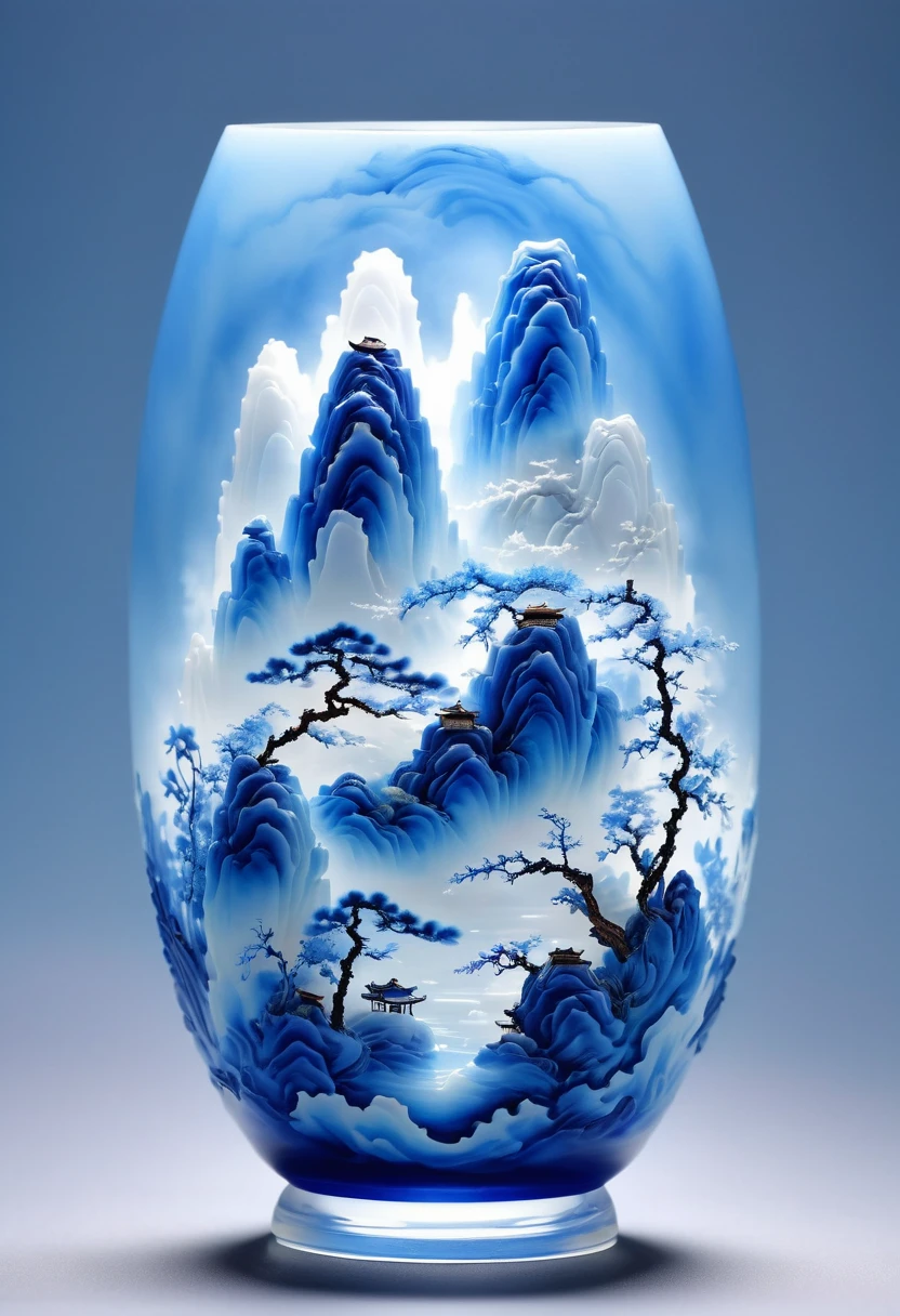 Micro landscape design carved on blue and white porcelain vase，Translucent glass material,Blue-white gradient,Traditional Chinese landscape painting,Abstract shapes,Minimalism,Cave，3d。water vapor，White mist，Heavy fog，