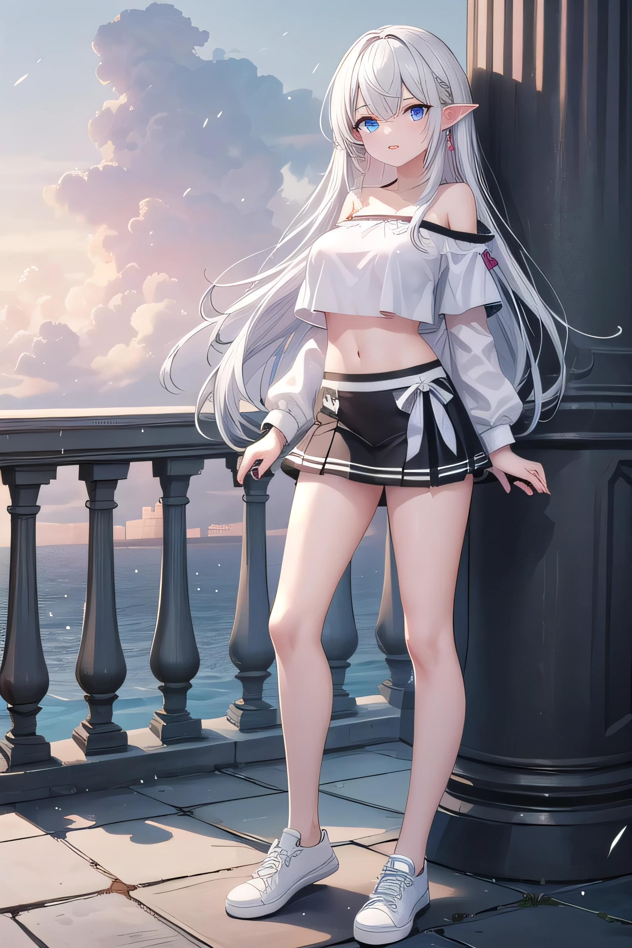 最high quality、high quality、best image quality、8K、最High resolution、High resolution、最high quality、masterpiece、whole body photos、 skin in every detail、 face in every detail、 eyes in every detail、 lips in every detail、 teeth in every detail、 ears with attention to detail、 hair with detailed details、arms with attention to detail、 hands with attention to detail、 fingers with attention to detail、 (fine hands、thumb1reference4)、 legs with attention to detail, feet with attention to detail, 8k, ultra HD, sharp focus, details hair, beautiful hair, details face, beautiful detail eye, details pupil, perfect hand, vibrant colours, soft lighting.
1girl, kids height , long hair, multi colour hair, style hair, pink and white hair, sea blue eyes, giant breast, losses top, beautiful crop top, open chest, off shoulder, white panties, black skirt, random shoes .
in city, standing, beside pillar, raining, nice clouds