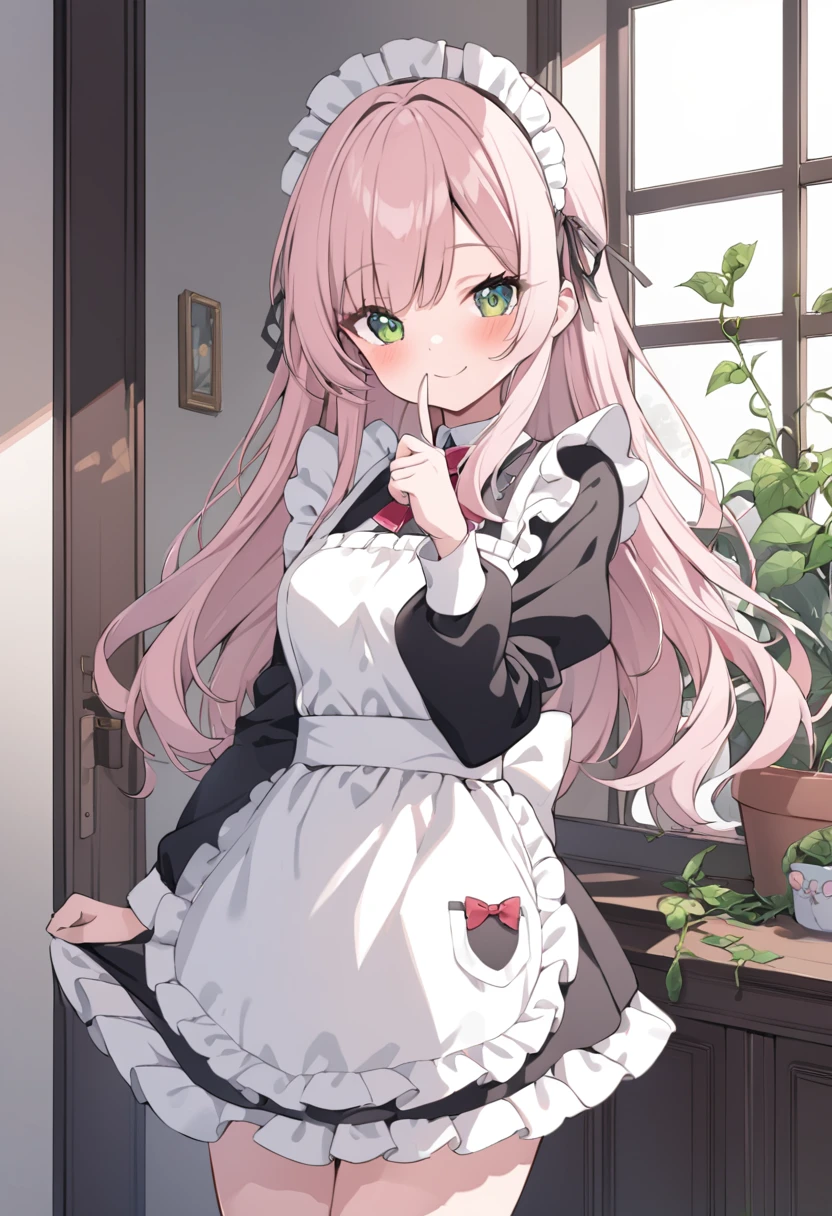 insanely detailed, absurdres, ultra-highres, ultra-detailed, best quality,
naked1girl, solo, nice hands, perfect hands,
BREAK
nameapron, nakedblush, nakedbow, nakedbowtie, nakedfrilled apron, nakedfrills, nakedlong sleeves, nakedmaid, nakedmaid apron, maid headdress, nakedwaist apron, nakedwhite apron
BREAK
smile, closed mouth
BREAK
finger to mouth, index finger raised, shushing, cowboy shot, looking at viewer,
BREAK
slender, kawaii, perfect symmetrical face, ultra cute girl, ultra cute face, ultra detailed eyes, ultra detailed hair, ultra cute, ultra beautiful,
BREAK
day, flower, ivy, leaf, indoors, open door, plant, potted plant, vines, window,
BREAK
white (pink:1.2) hair, green eyes, long hair, medium breasts, bangs, eyebrows visible through hair,