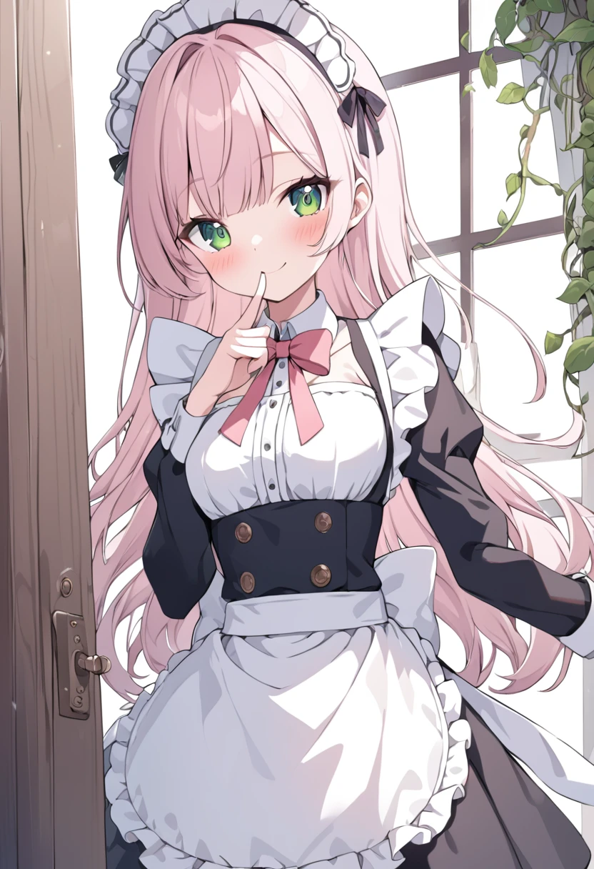 insanely detailed, absurdres, ultra-highres, ultra-detailed, best quality,
naked1girl, solo, nice hands, perfect hands,
BREAK
nameapron, nakedblush, nakedbow, nakedbowtie, nakedfrilled apron, nakedfrills, nakedlong sleeves, nakedmaid, nakedmaid apron, maid headdress, nakedwaist apron, nakedwhite apron
BREAK
smile, closed mouth
BREAK
finger to mouth, index finger raised, shushing, cowboy shot, looking at viewer,
BREAK
slender, kawaii, perfect symmetrical face, ultra cute girl, ultra cute face, ultra detailed eyes, ultra detailed hair, ultra cute, ultra beautiful,
BREAK
day, flower, ivy, leaf, indoors, open door, plant, potted plant, vines, window,
BREAK
white (pink:1.2) hair, green eyes, long hair, medium breasts, bangs, eyebrows visible through hair,